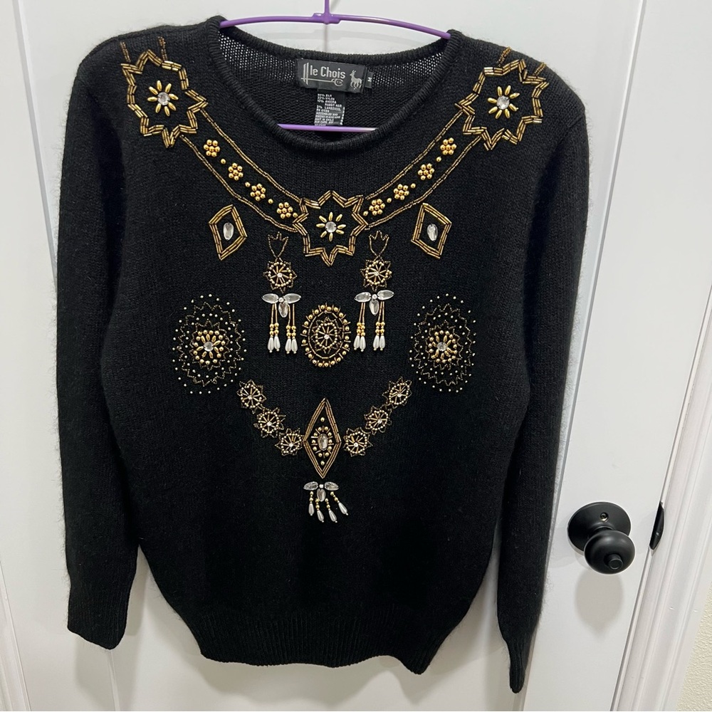 Vintage Le Chois Silk 55% Angora Rabbit 10% Black and Gold Embellished Sweater